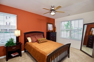 Spacious bedroom with an orange accent wall and several large windows.