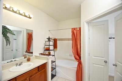 Large bathroom showing an oversized soaking tub, closet with custom organizers, and a large vanity.