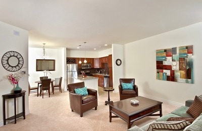 Open concept living room with white walls and direct access to the dining area and kitchen.
