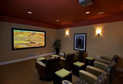 Private movie theatre with 7 theatre recliners and a large projector screen in the front of the room.
